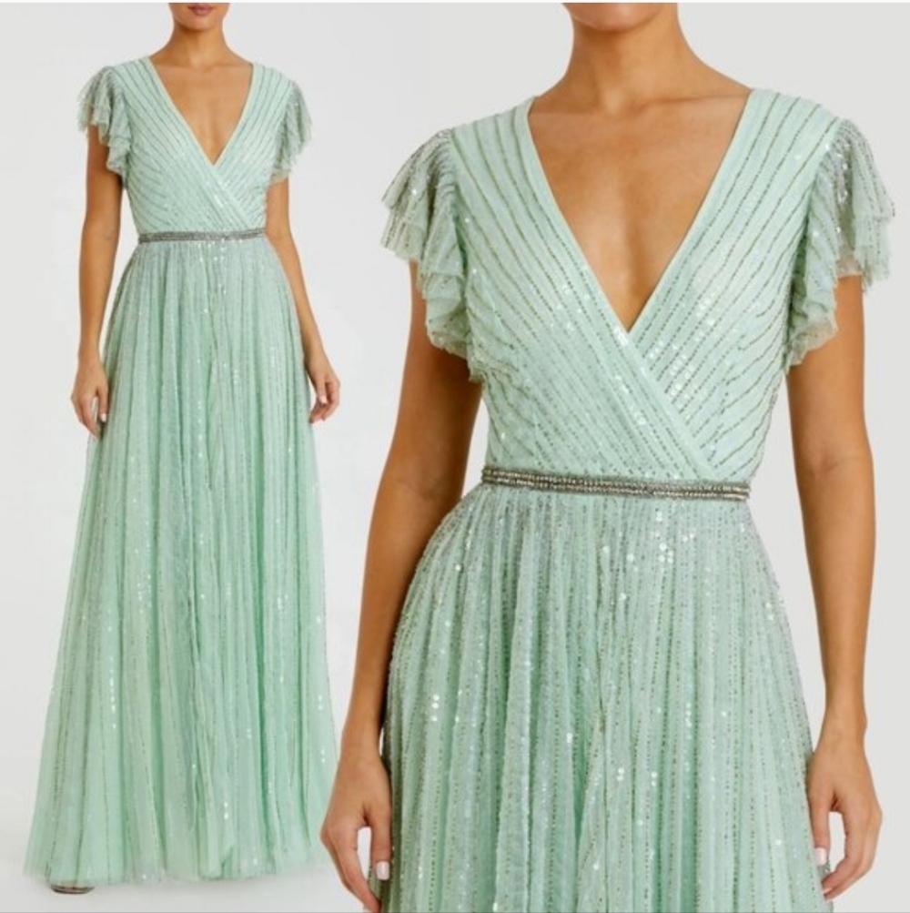 Mac Duggal 5502 Size 18 Light Green Sequined Ruffled CapSleeve Gown Maxi Dress